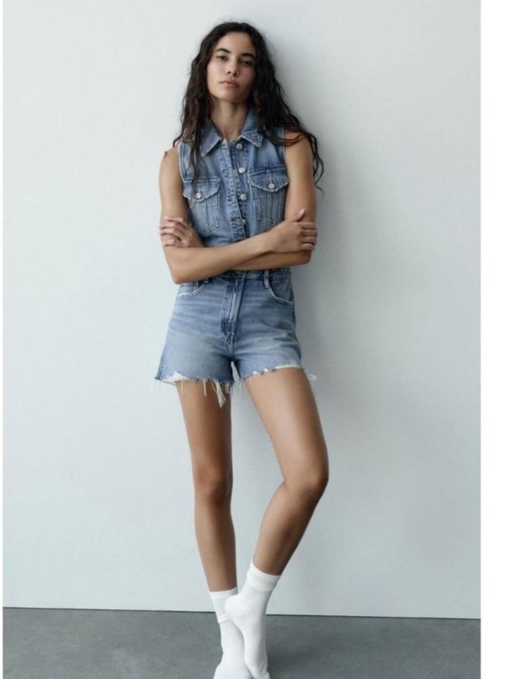 ZARA Denim Rompers Playsuit Medium Wash Blue Raw Hem